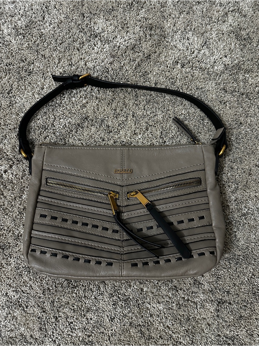 Rosetti Taupe Leather Crossbody Bag with Black Strap